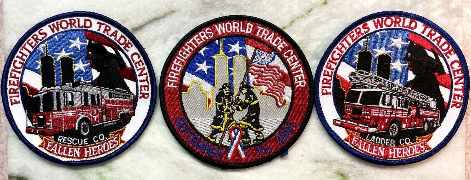 WTC September 11, 2001- Orginal 9-11 FDNY Ladder&Rescue Truck, Flag Patches-3