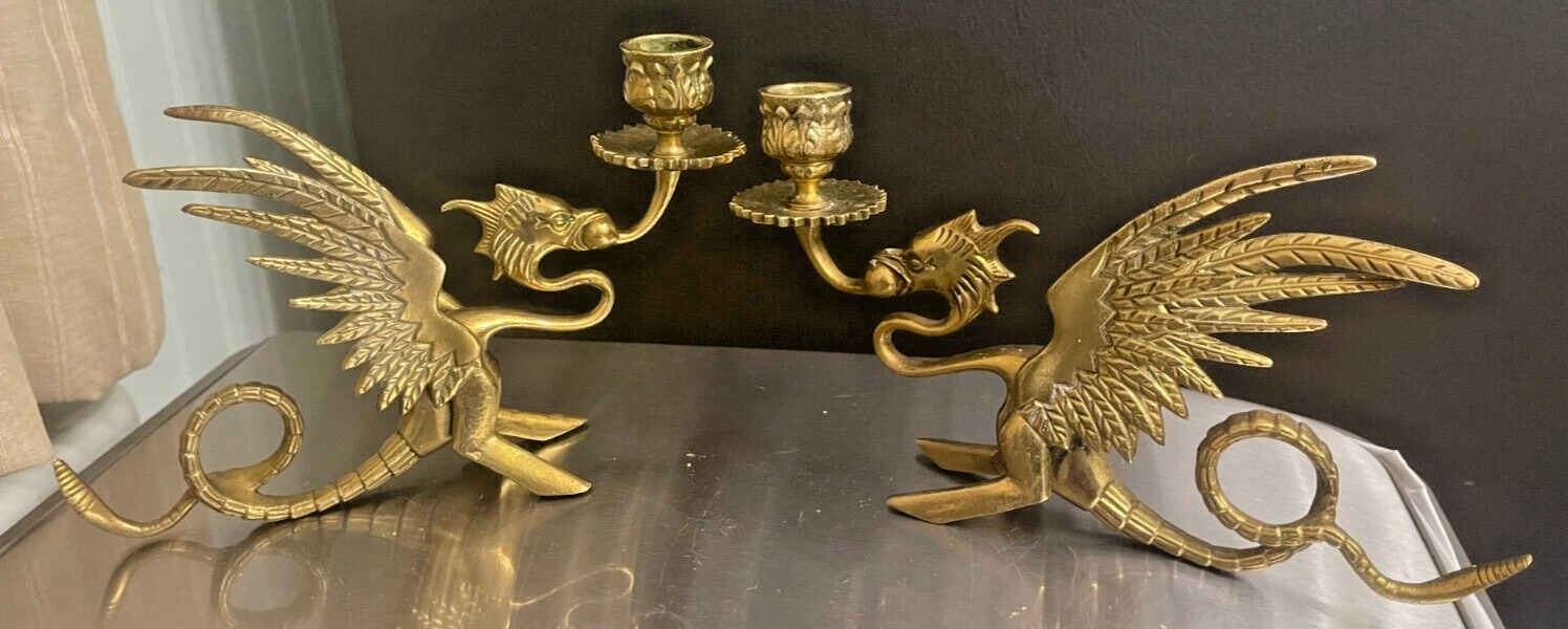 PAIR OF 2 VTG SOLID Brass Dragon Candle Holders Griffin Gothic Mid Century Art