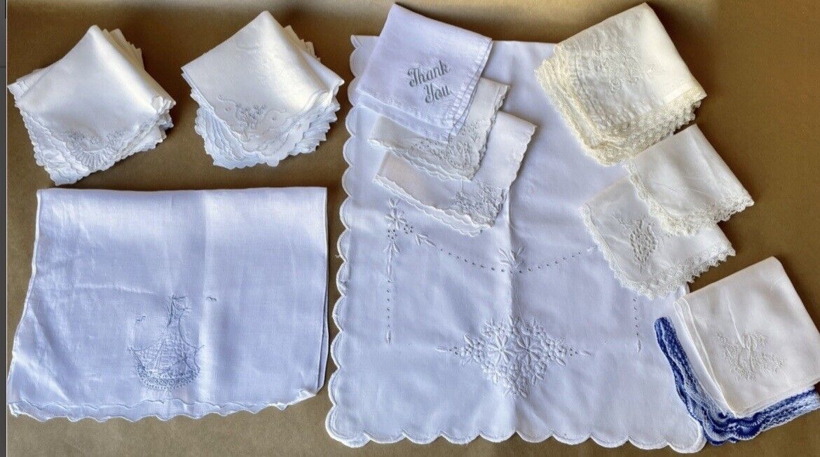 Vintage Beautiful Lot of Embroidered Linen Napkins/Hankerchiefs & Table Runner