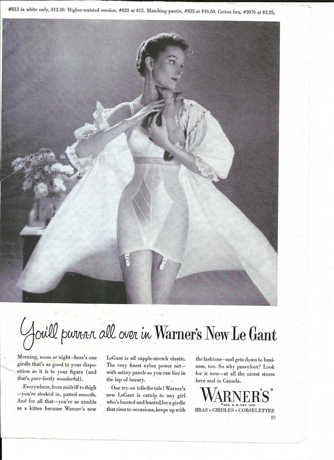 1954 WARNER'S Vintage Print Ad  You'll purr-r-r all over in Warner's New Le Gant