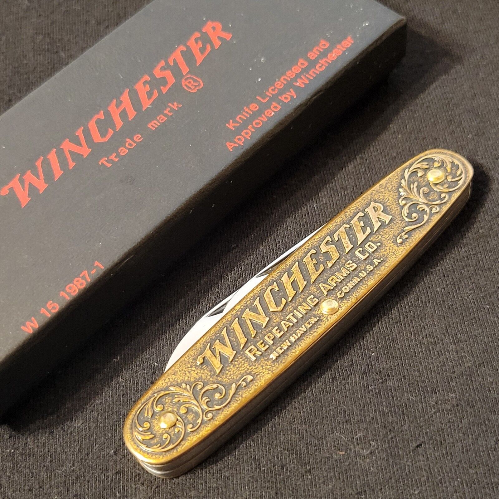 Winchester Knife USA 1987 Two Blade Jack Engraved Brass Handle Model 1873