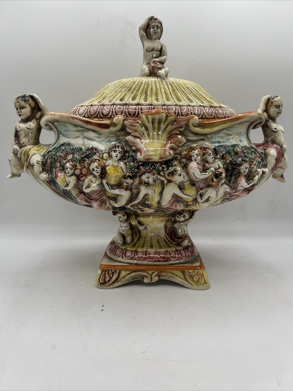 Capodimonte Porcelain Tureen Handmade In Italy, Footed, Lidded, Large 16” Length