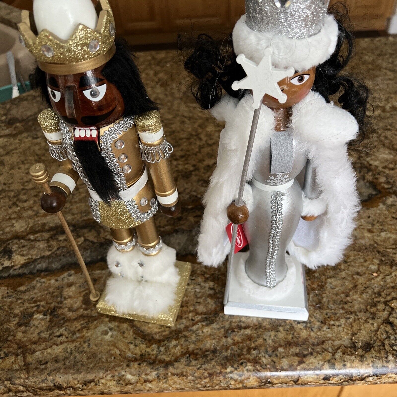 Two African American Christmas Snow Princess Nutcracker and King Gold Glitter
