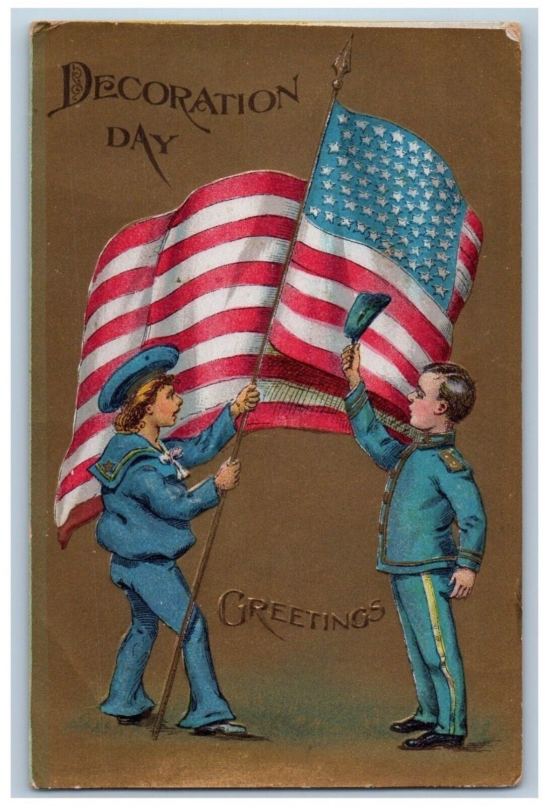 Decoration Day Postcard Greetings Boys With Flag Patriotic Embossed c1910's