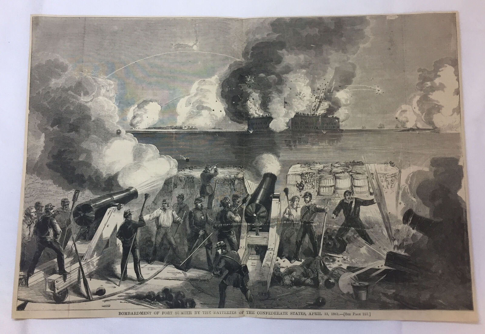 1861 magazine engraving~14x21~BOMBARDMENT OF FORT SUMTER BY REBELS Civil War