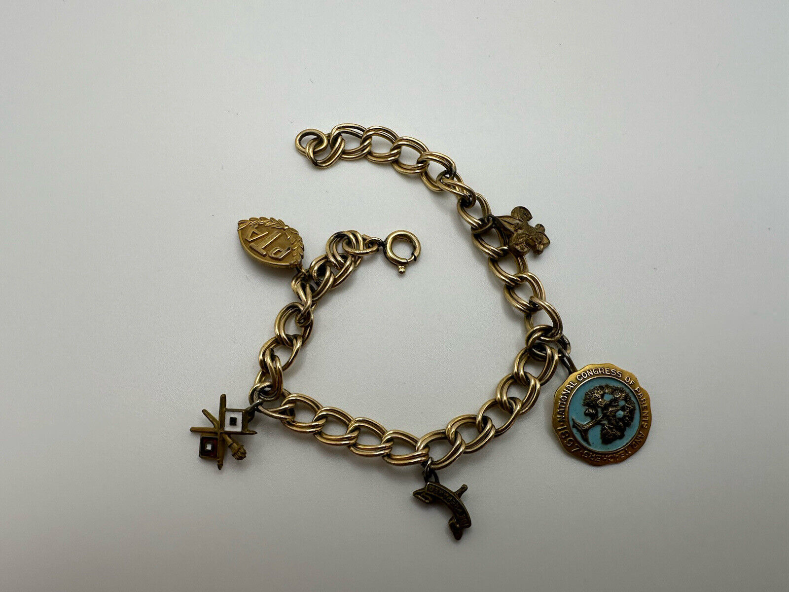 Antique 1897 Unique Boy Scout Parents Teachers Handmade Pin Charm Bracelet