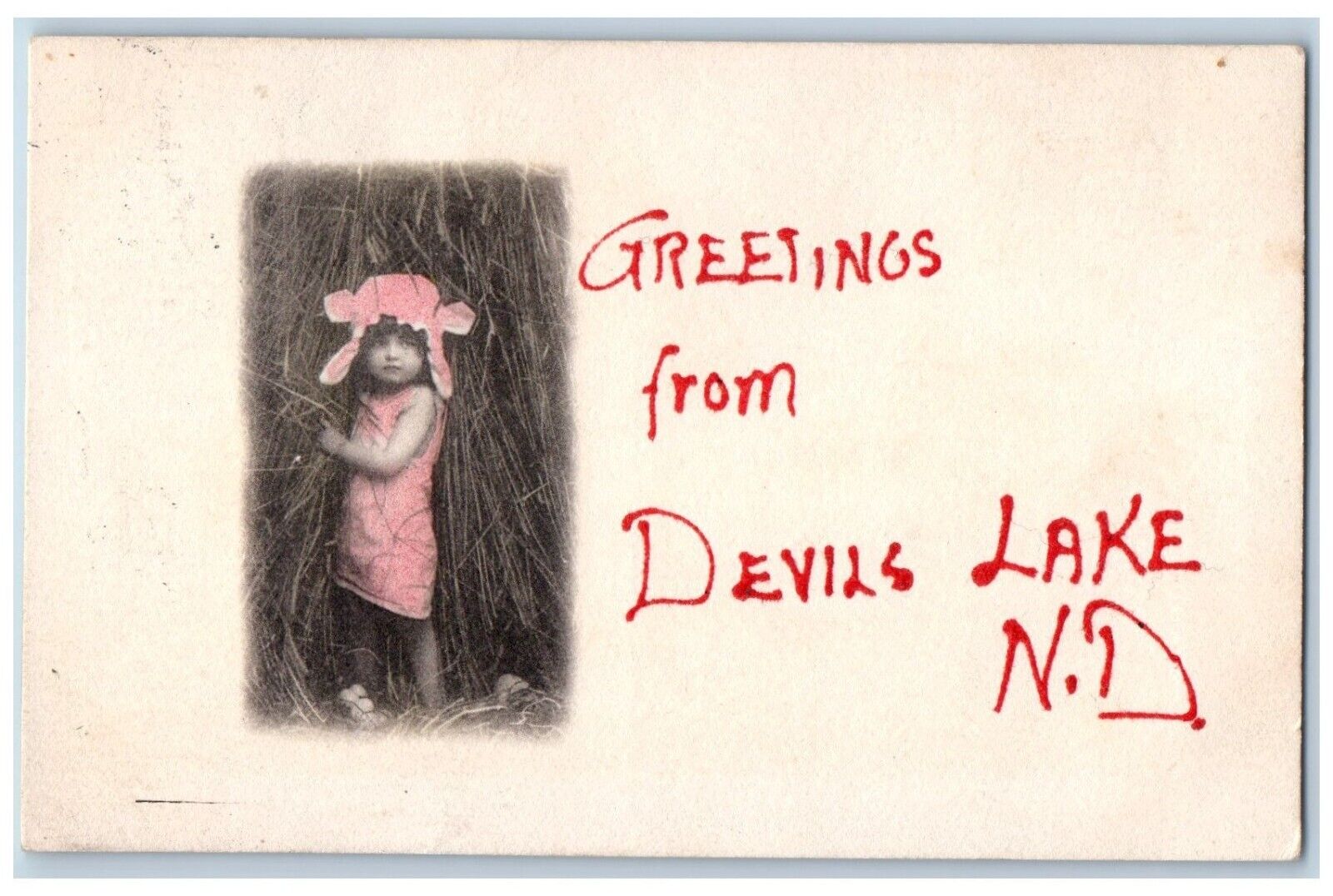 Devils Lake North Dakota Postcard Greetings Child Kid Hides 1908 Vintage Antique