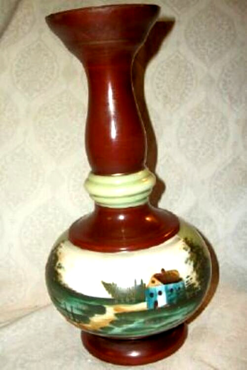 1880s FRENCH MILK GLASS VASE HP LANDSCAPE HOUSE MORIAGE VICTORIAN BROWN GREEN