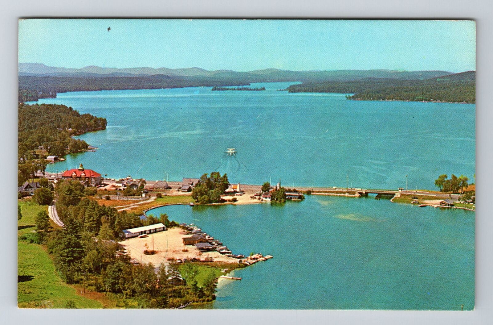 Naples ME-Maine Aerial Long Lake Seaplane Landing Bridge Vintage Postcard