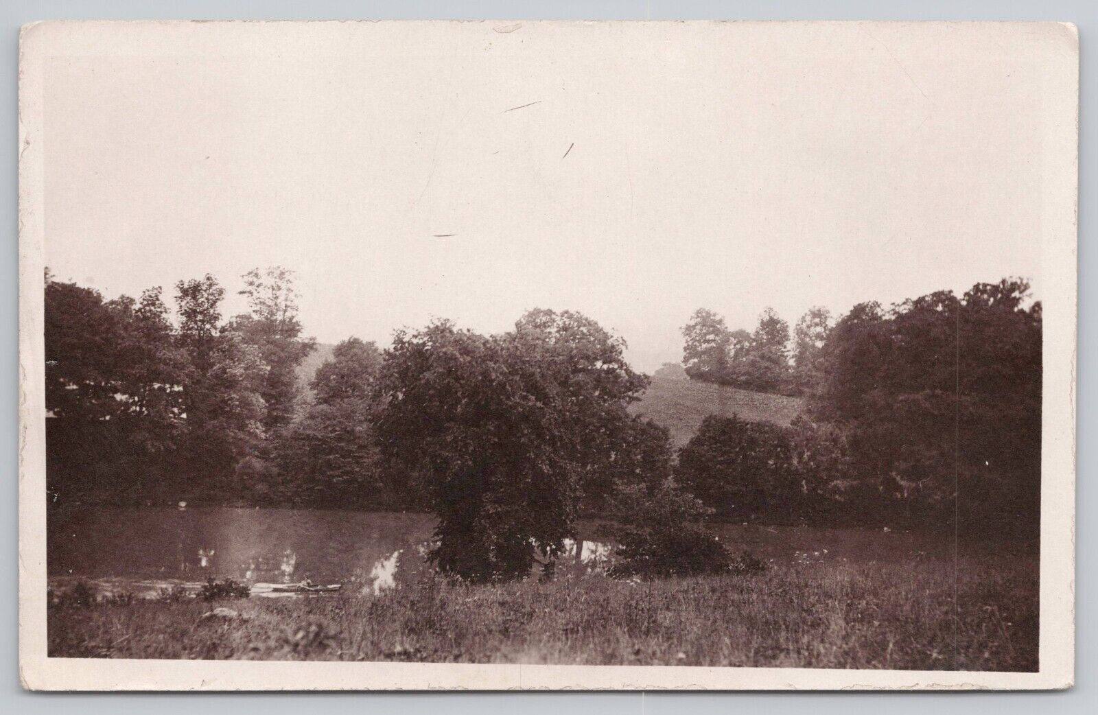Postcard RPPC Lake with Trees and Hill Vintage