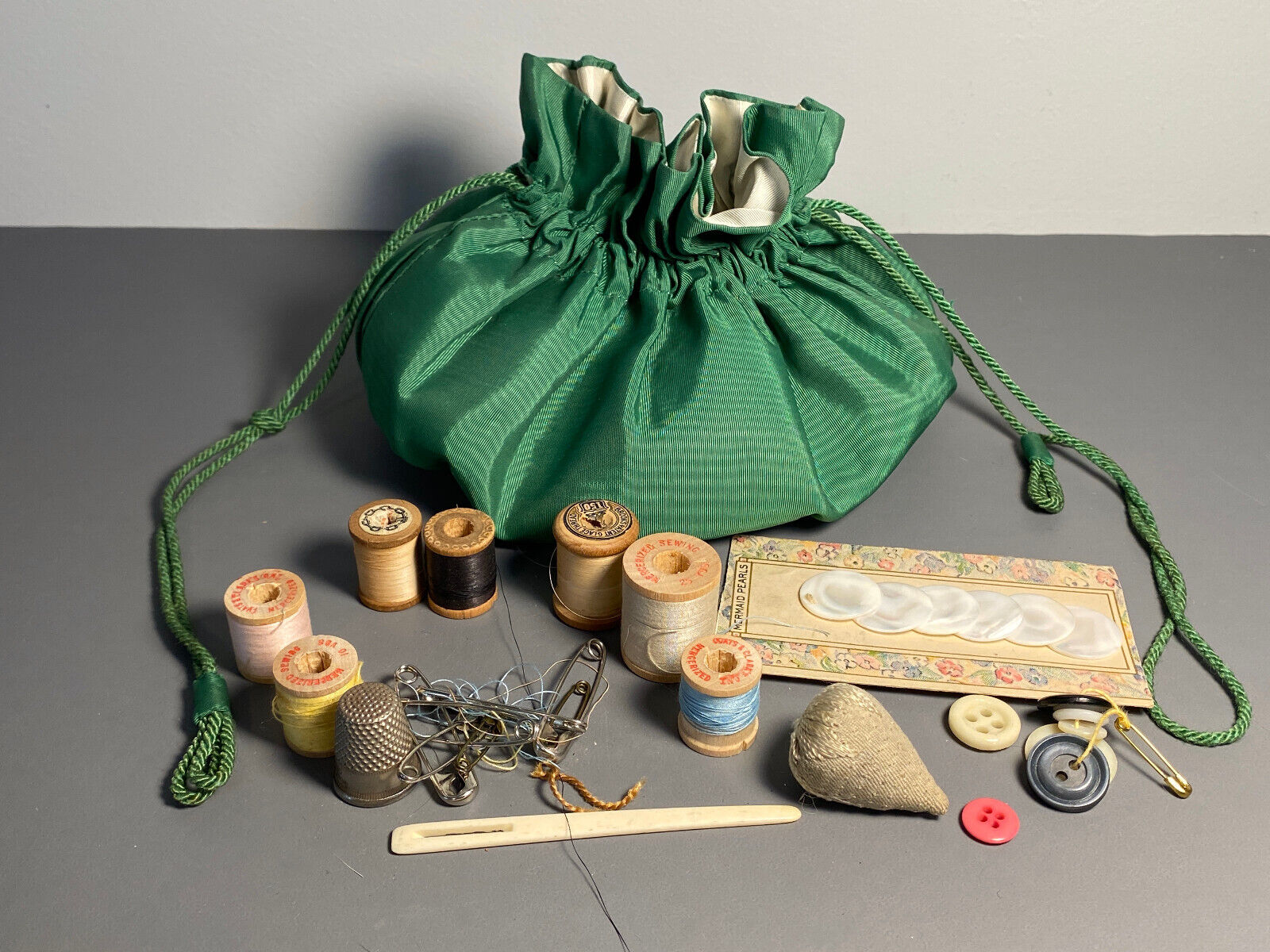 Sweet Antique Early Vintage Sewing Reticule Bag Kit Pin Cushion Sewing Items