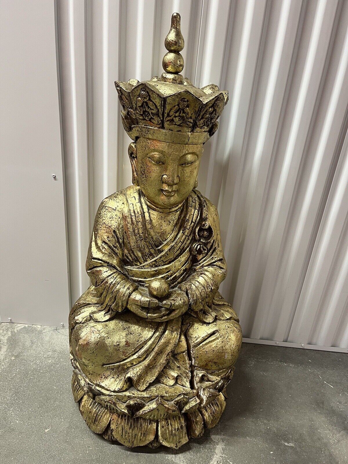 Antique Asian Buddha Sitting Temple Statue Large Carved Wood Colored Gold 64 Lb