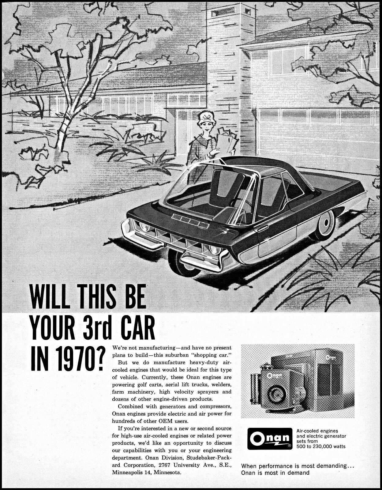 1961 Streamlined FutureCar of 1970 Onan air-cool engines retro art print ad L87
