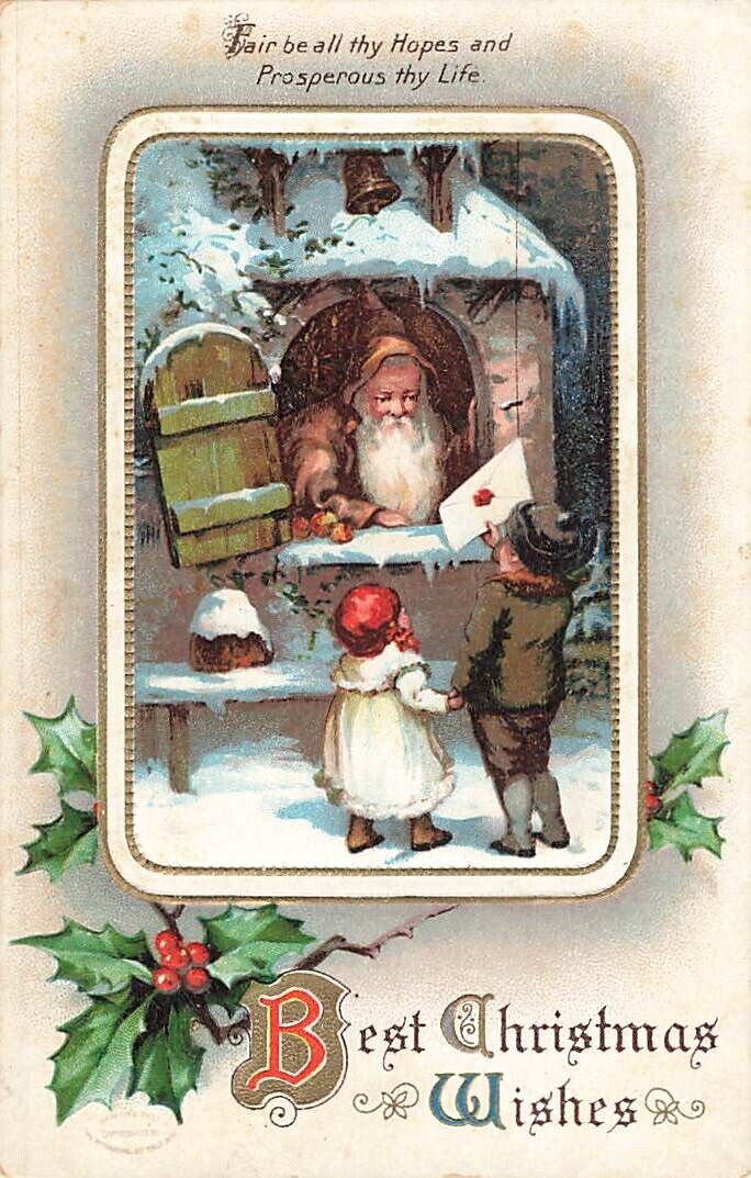c1910 Brown Santa Claus Window Children Letter Snow Christmas P591