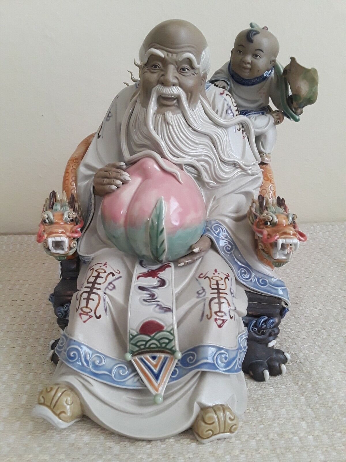 Chinese Hand Carved Porcelain longevity Old Man Figure Statue & Stamp on Bottom
