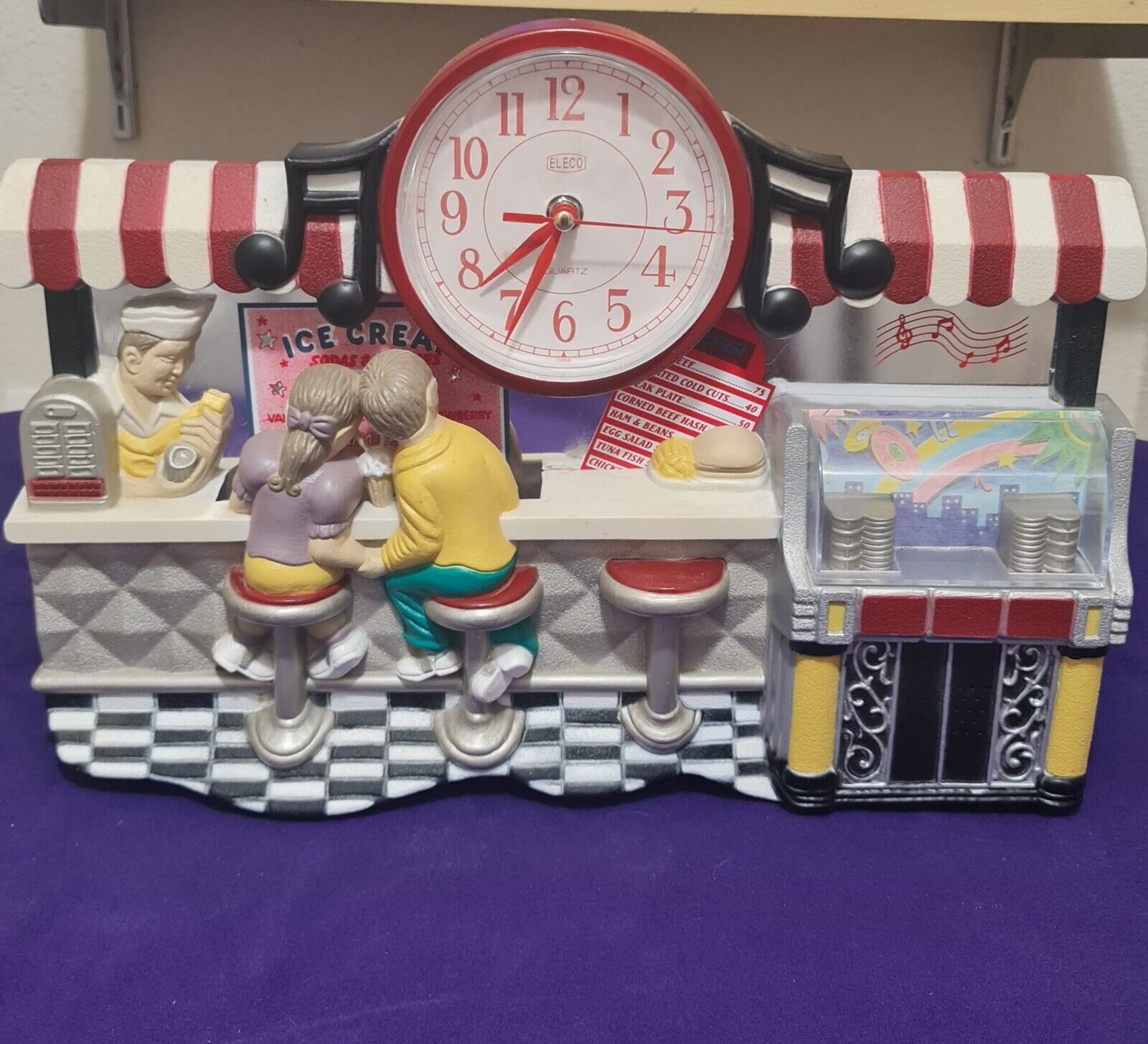 Nostalgic Diner Clock 17x12 Musical Jukebox Ice Cream Parlor 3d Eleco