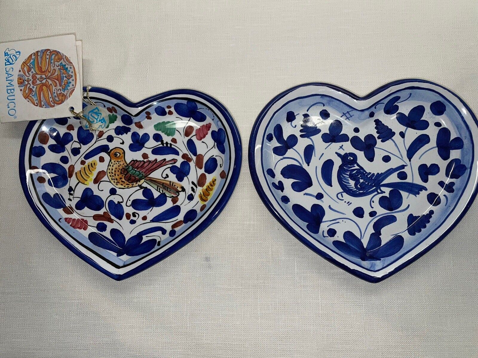 Two 6” Sambuco Heart Shaped, Hand Painted Bird Dishes From Deruto Italy.  Nice