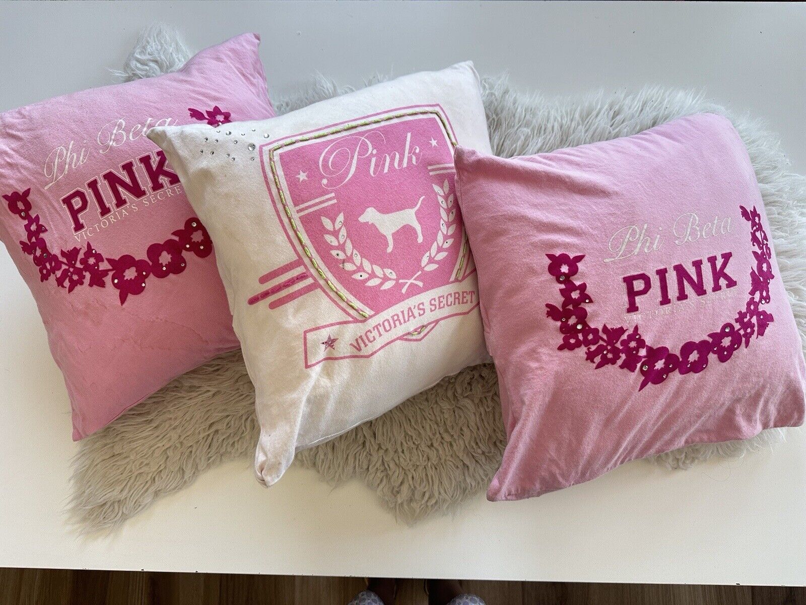 Vintage 3 PINK by Victoria’s Secret Beta Phi White and Pink throw pillows