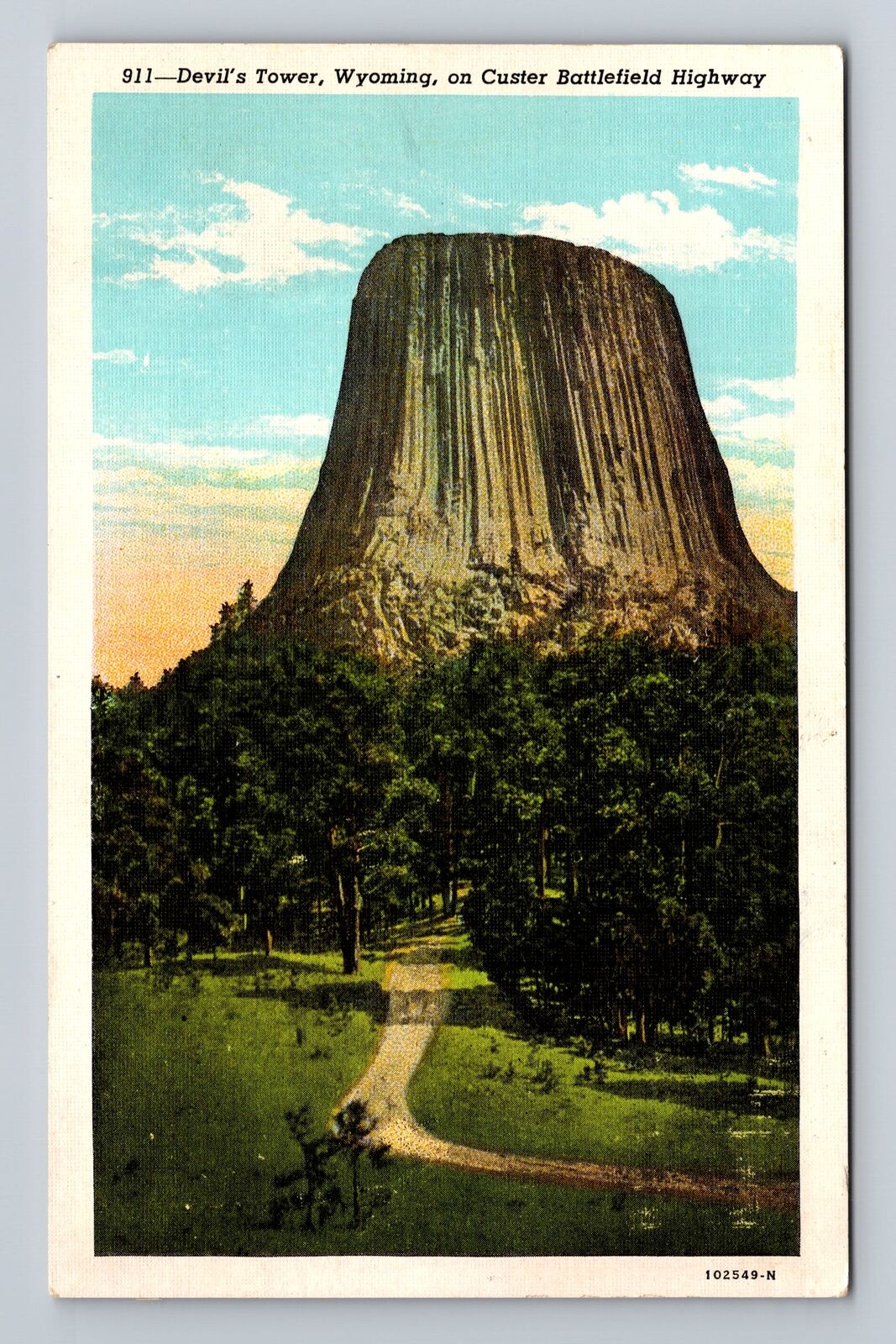 Devils Tower WY-Wyoming, Custer Battlefield Highway, Antique Vintage Postcard
