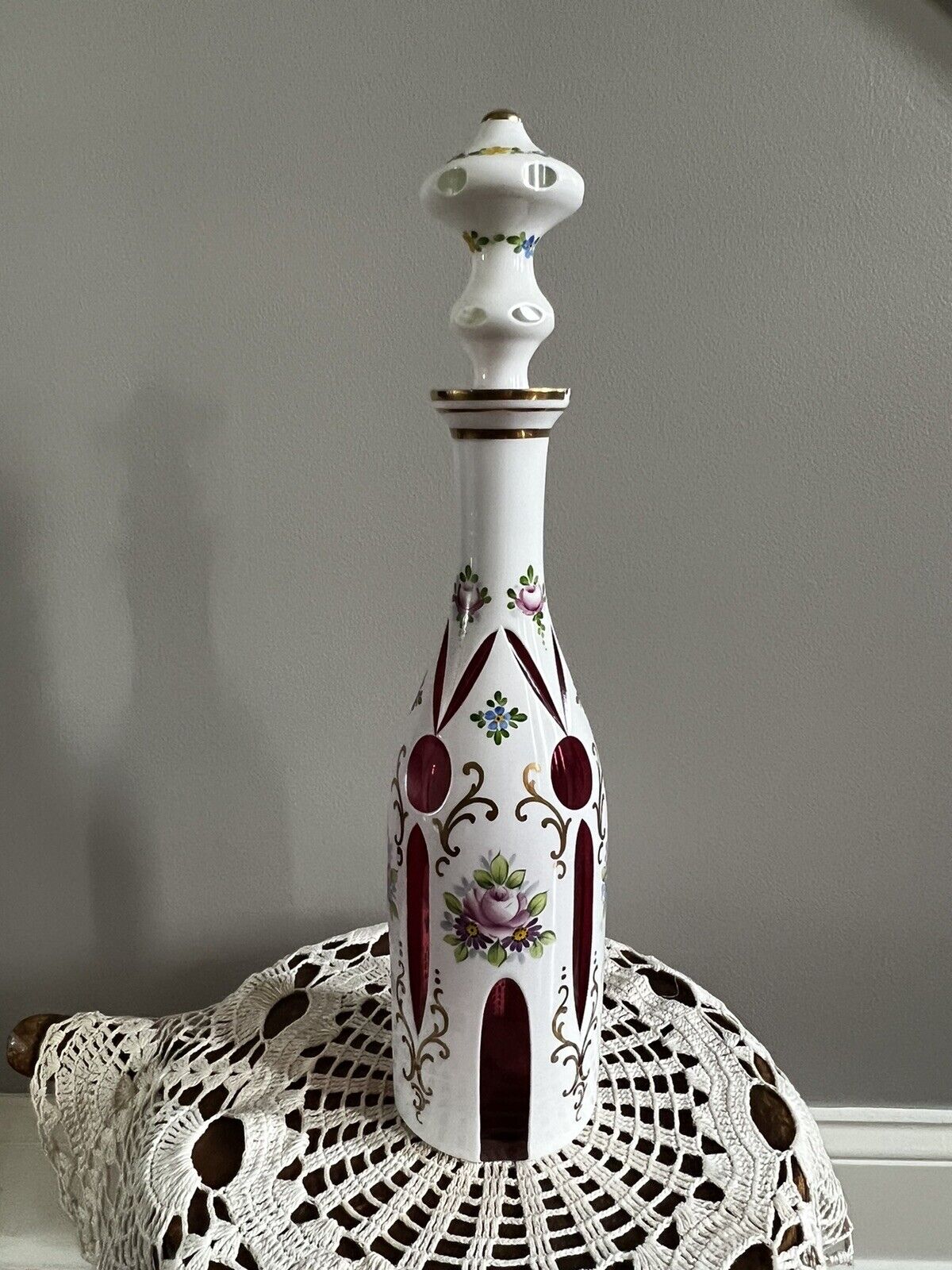 Vintage Bohemian White To Ruby Glass Decanter With Hand Painted Flowers
