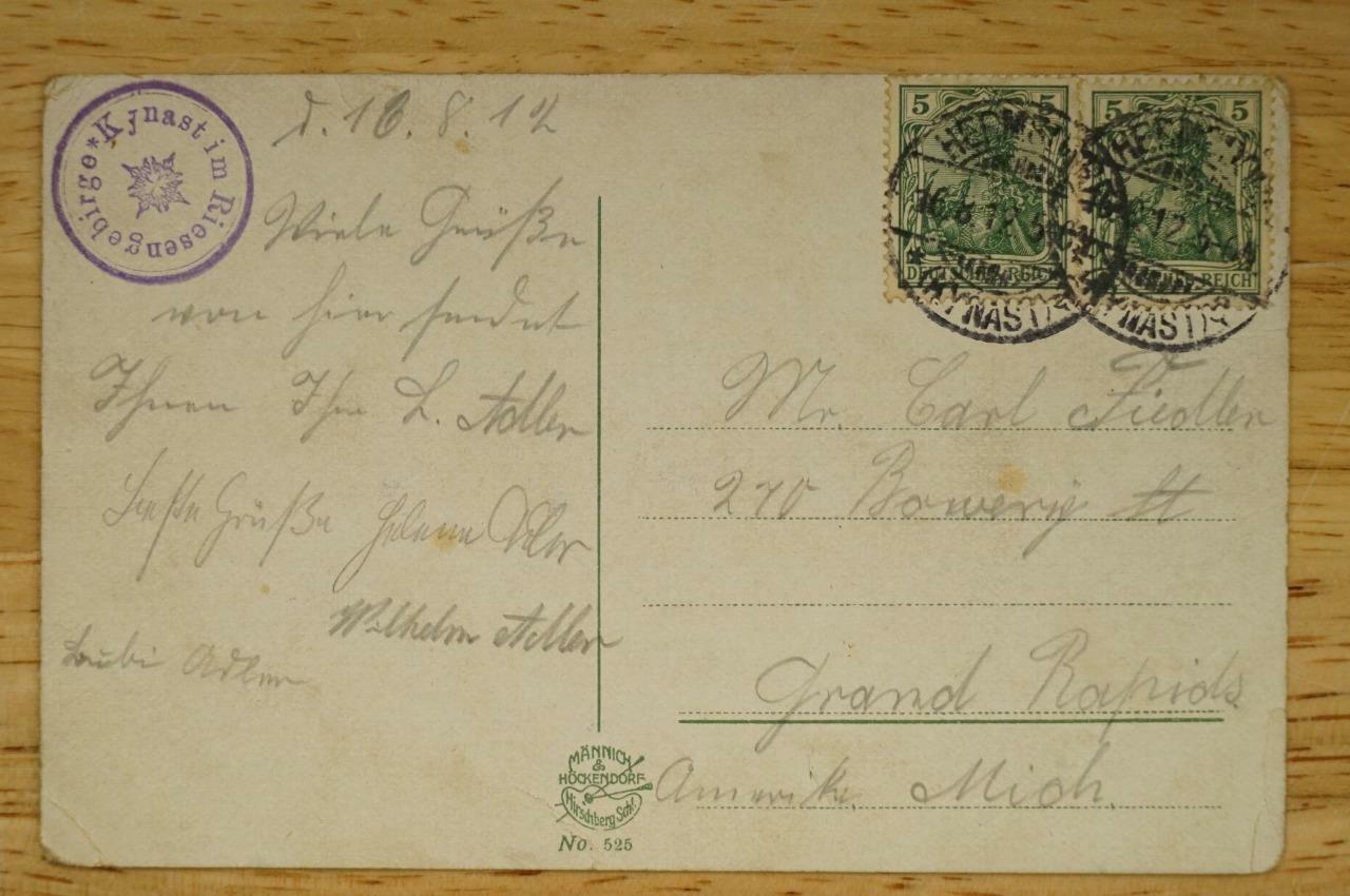 Vintage Postcard History 1912 Cancel German Czech to USA Reisengebirge Kynasti