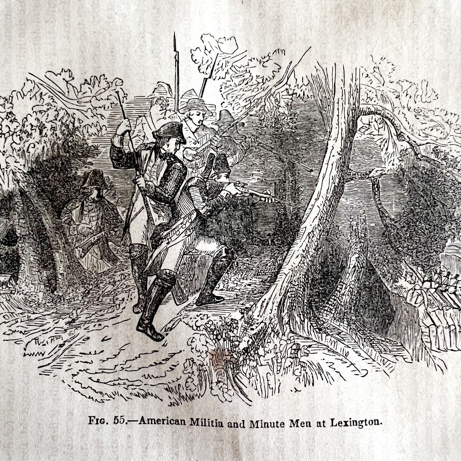 Minute Men Militia Lexington 1845 Woodcut Print Victorian Revolution DWY9B