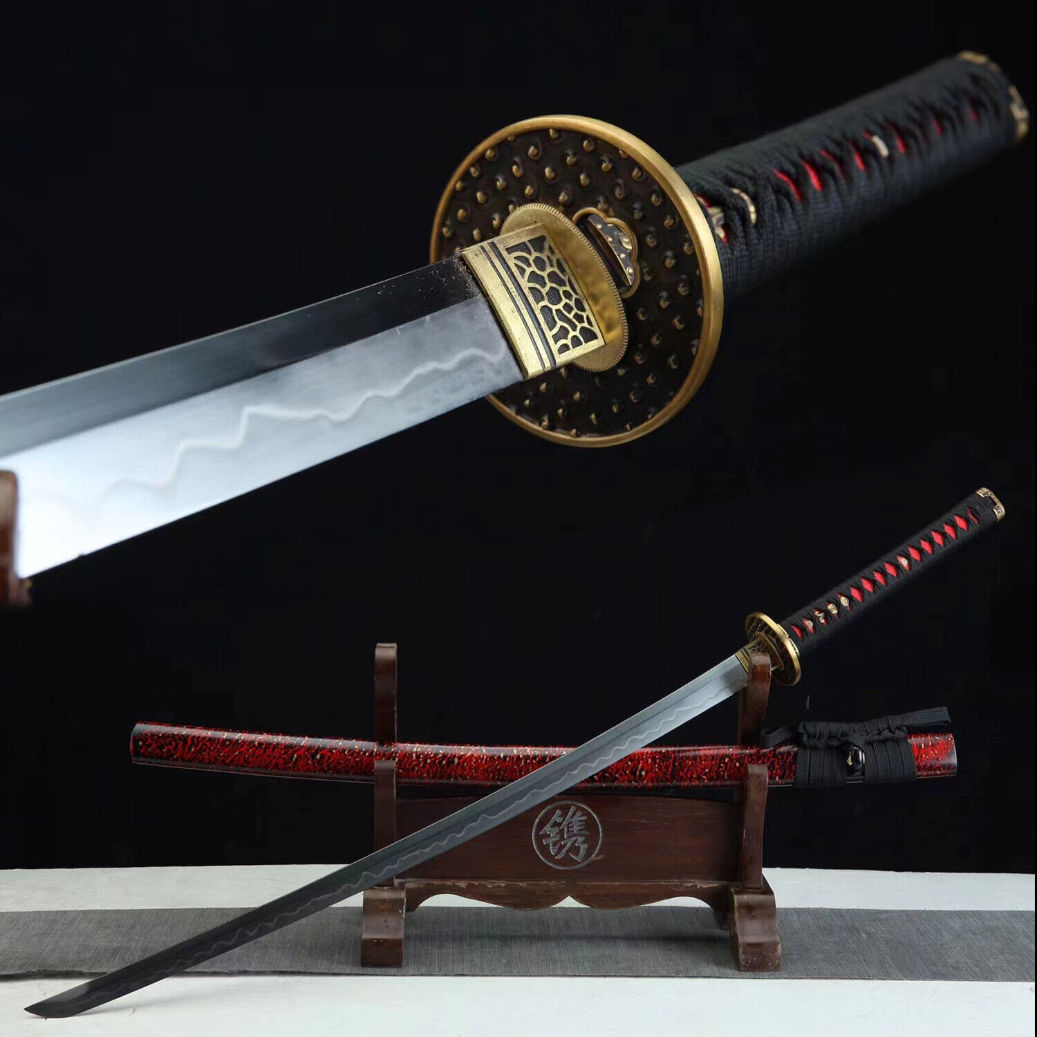Red Clay Tempered T10Steel Katana Japanese Samurai Sword Razor Sharp Brass Tsuba