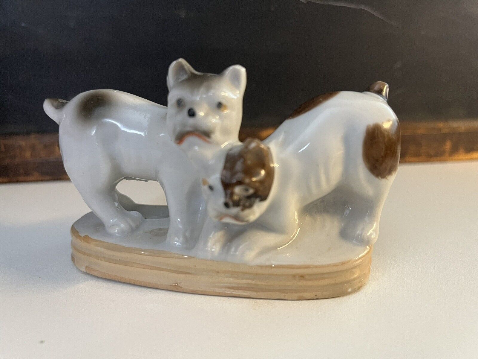 Vintage 2 Dog Boxer Boston Terrier Figurine Ceramic ? Made in Japan 4” L  2” H