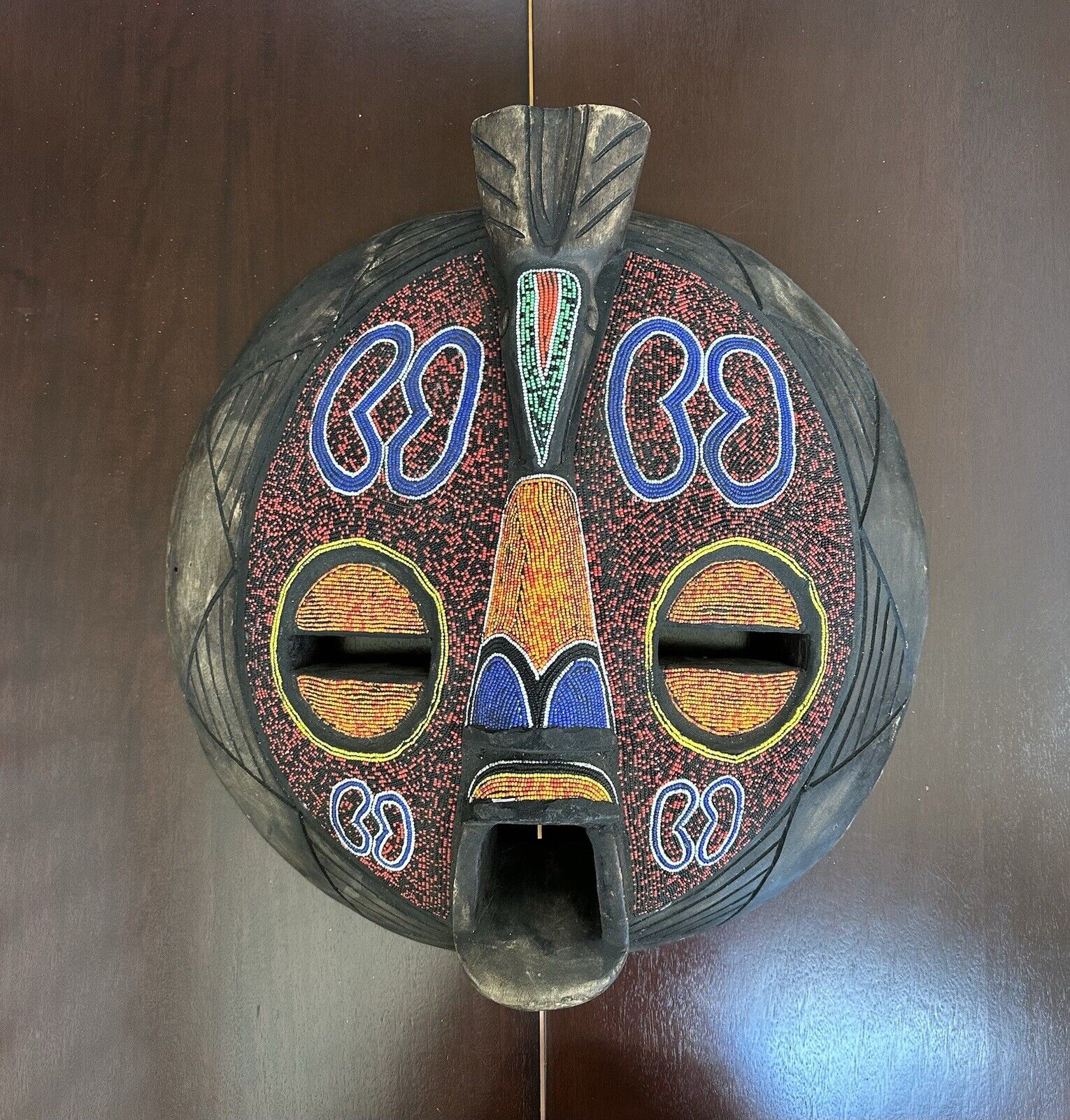 African Tribal Beaded Wood Mask 20” H x 19” W