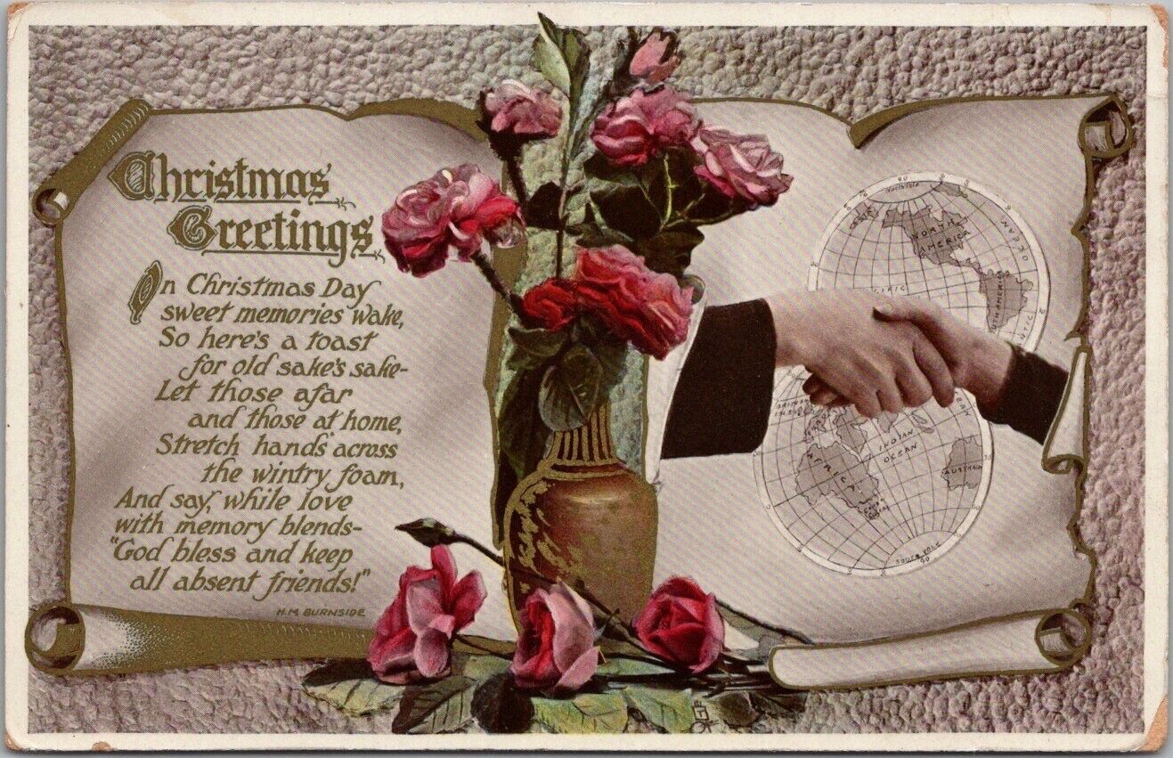 1910s Tuck's CHRISTMAS GREETINGS Gel Postcard Man & Woman's Hands / Pink Roses