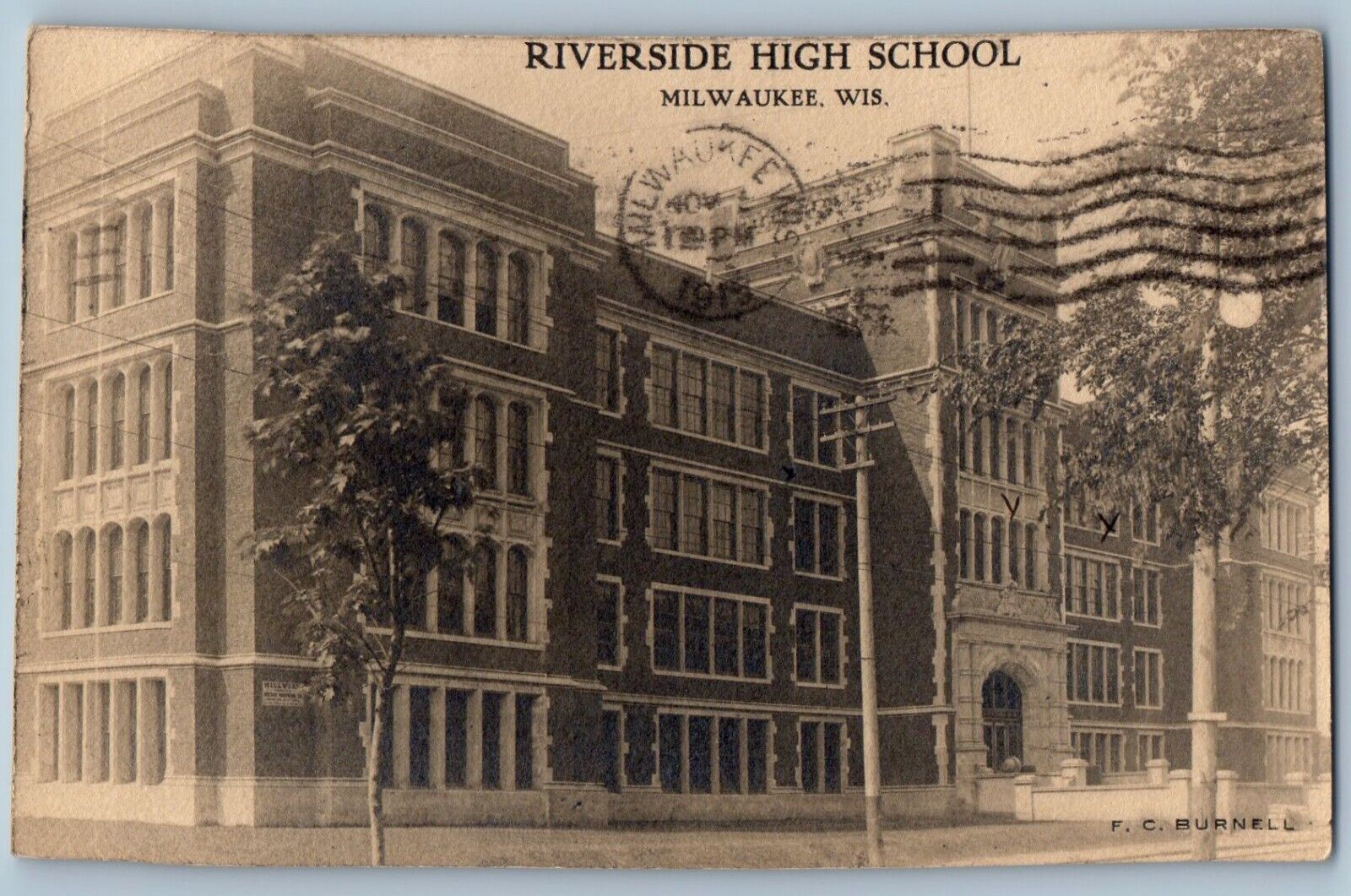 Milwaukee WI Postcard RPPC Photo Riverside High School Building c1910's Antique