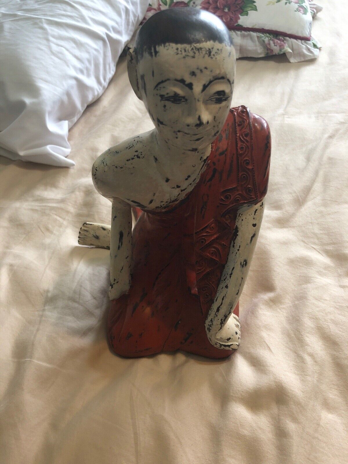 budhist Monk Wood Sculture 10 Inches  Repaired Crack