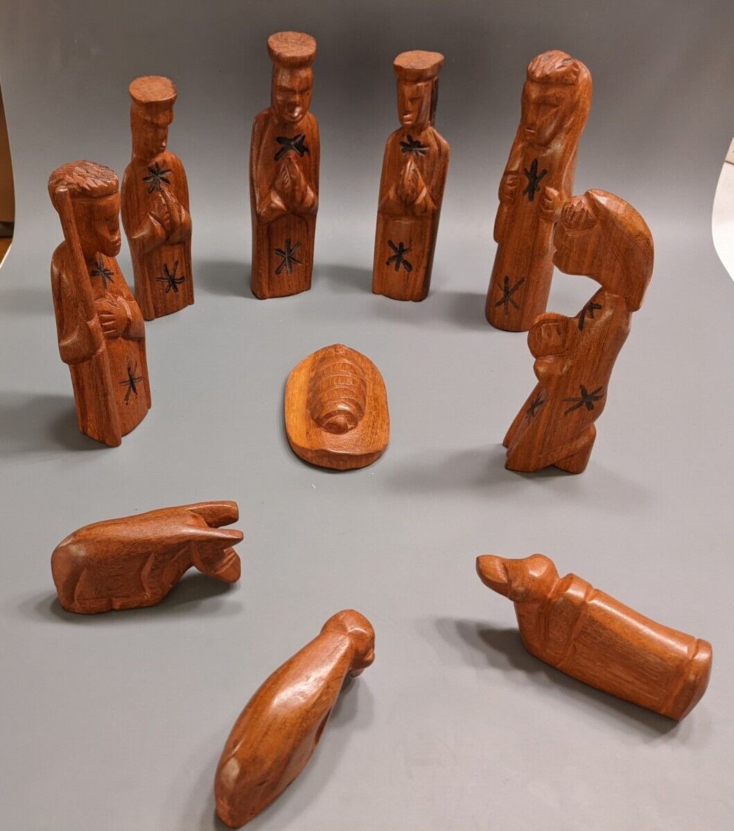 African Hand Carved Wood Nativity Figures 10 Piece Set Tribal Ethnic Christmas