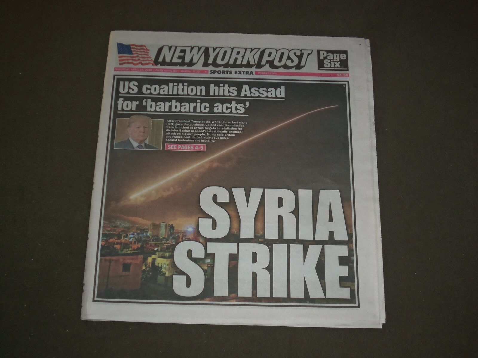 2018 APRIL 14 NEW YORK POST NEWSPAPER - SPORTS EXTRA EDITION - SYRIA STRIKE