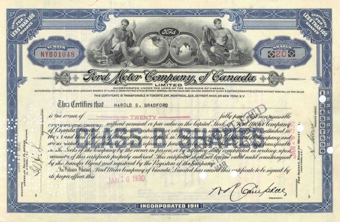 Ford Motor Co. of Canada, Ltd - 1930 dated Automotive Stock Certificate - Less t
