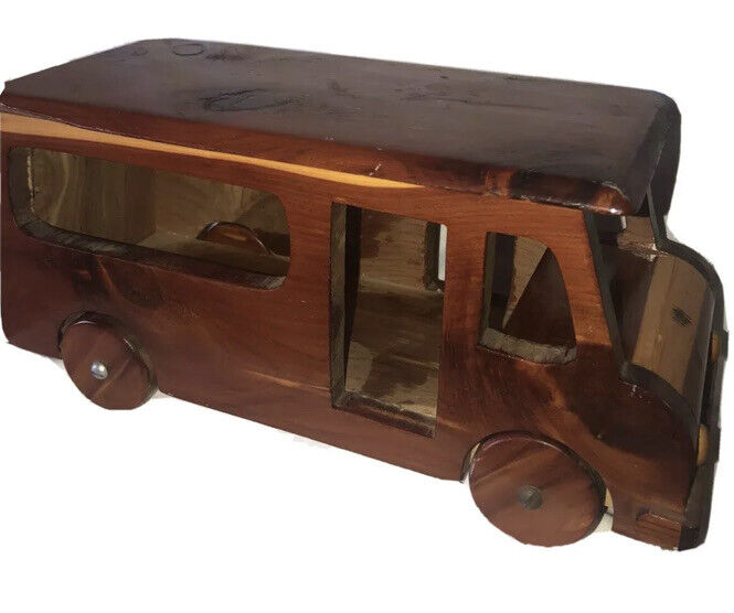 Large Vintage Cedar Handmade Bus Step Van Rolling Rare Toy Figurine MCM