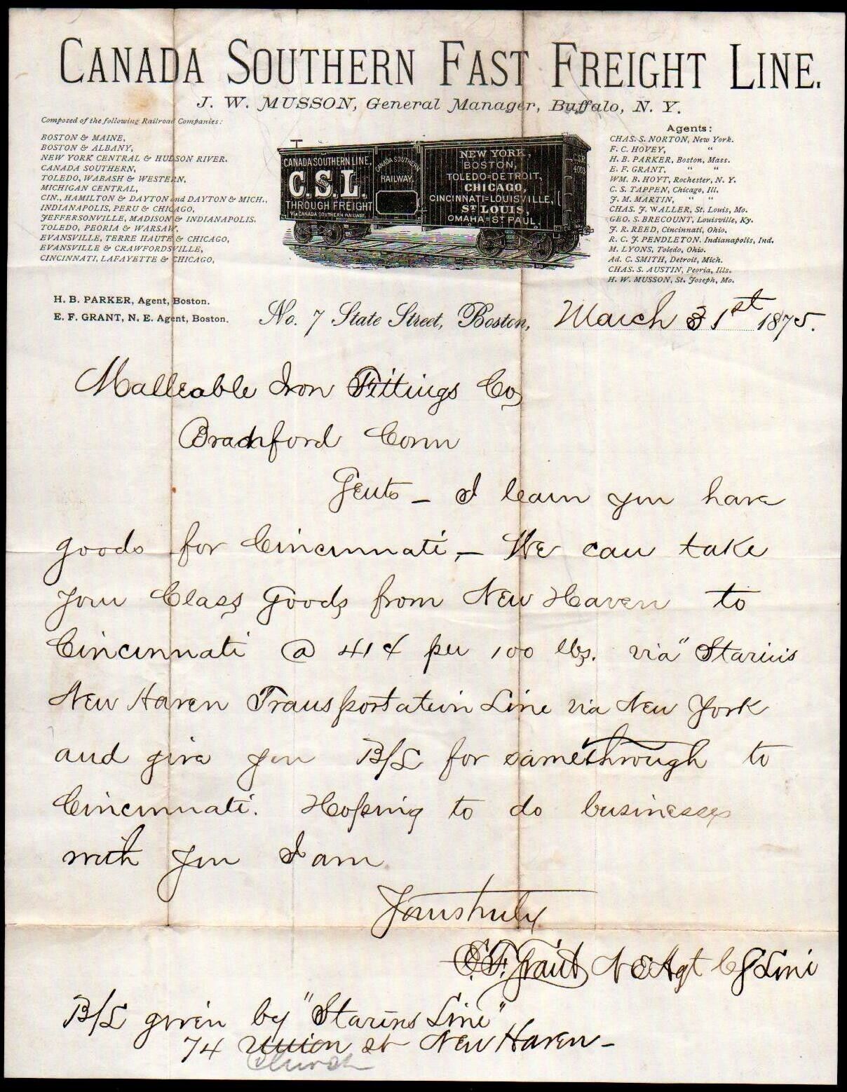 1875 Boston - Canada Southern Fast Freight Line - J W Musson Buffalo Letter Head