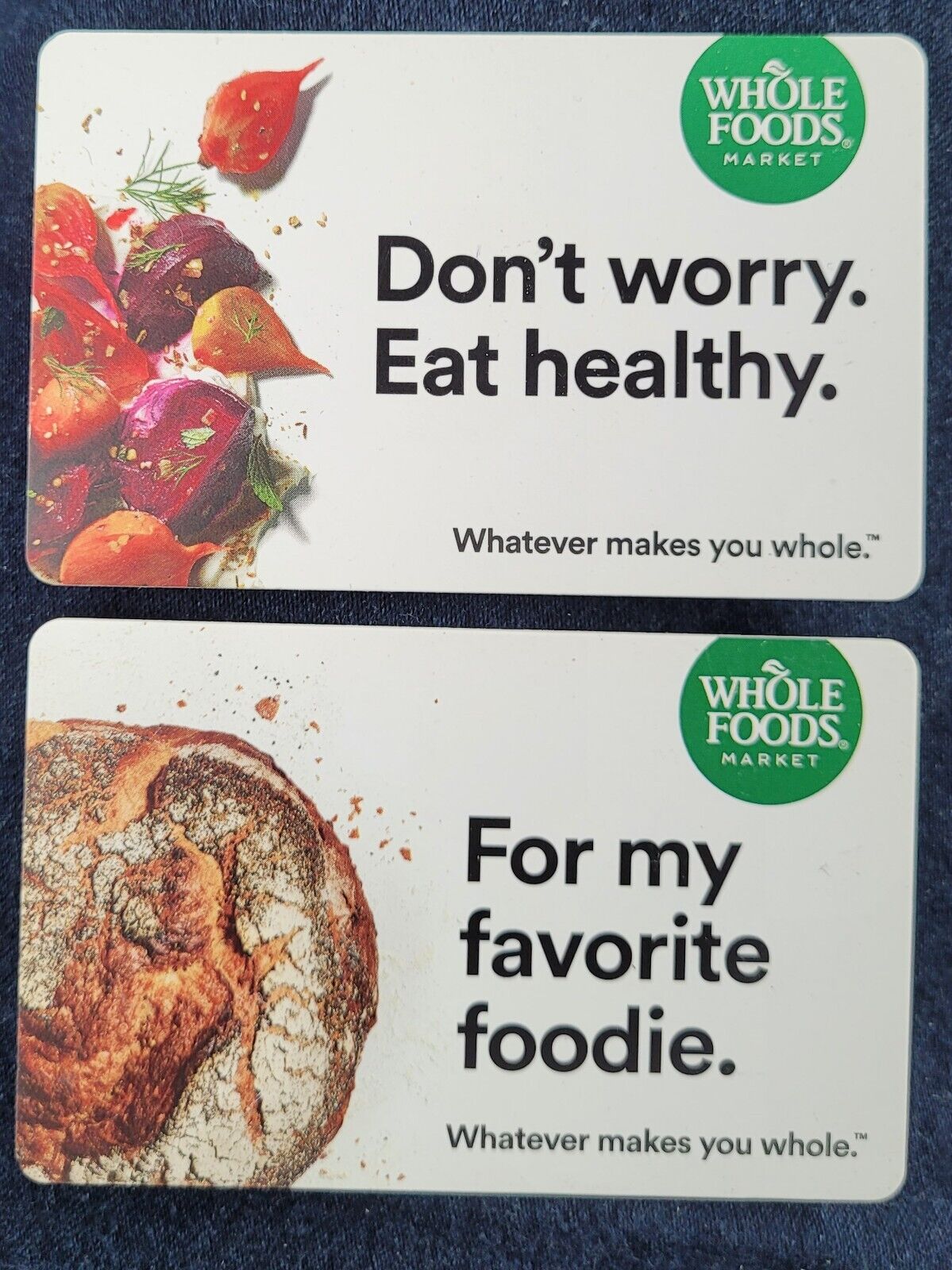 WHOLE FOODS Lot of 2 Don't Worry Eat Healthy & Foodie 2019 Gift Card ( $0 )