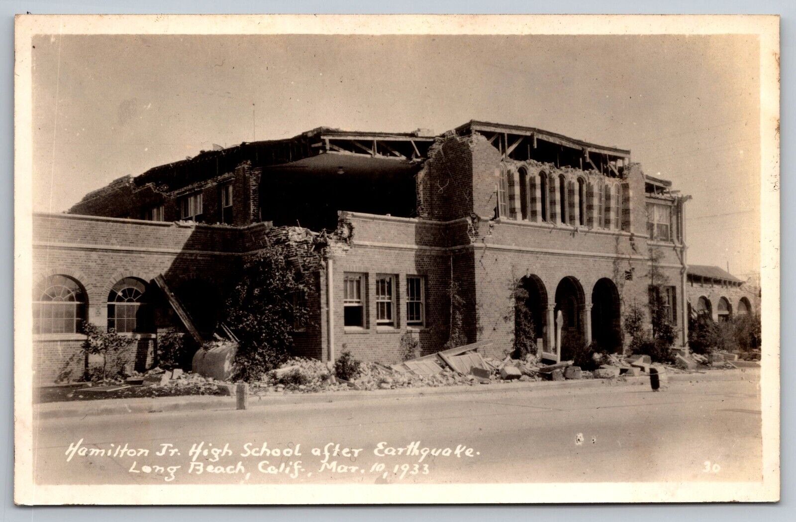 Hamilton Jr High School after Earthquake. Long Beach CA Real Photo Postcard RPPC
