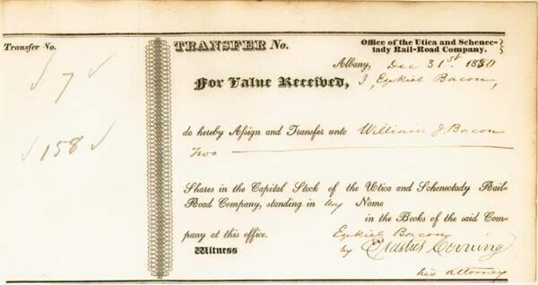 Erastus Corning - Utica and Schenectady Railroad - Railway Stock Certificate - A