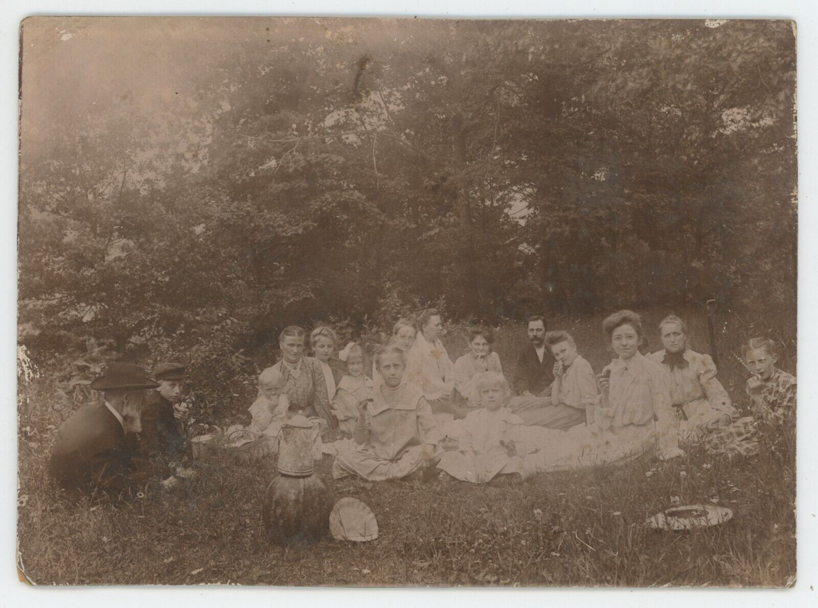 Antique Circa 1890s Mounted Photo Group of Men, Women & Children Having Picnic