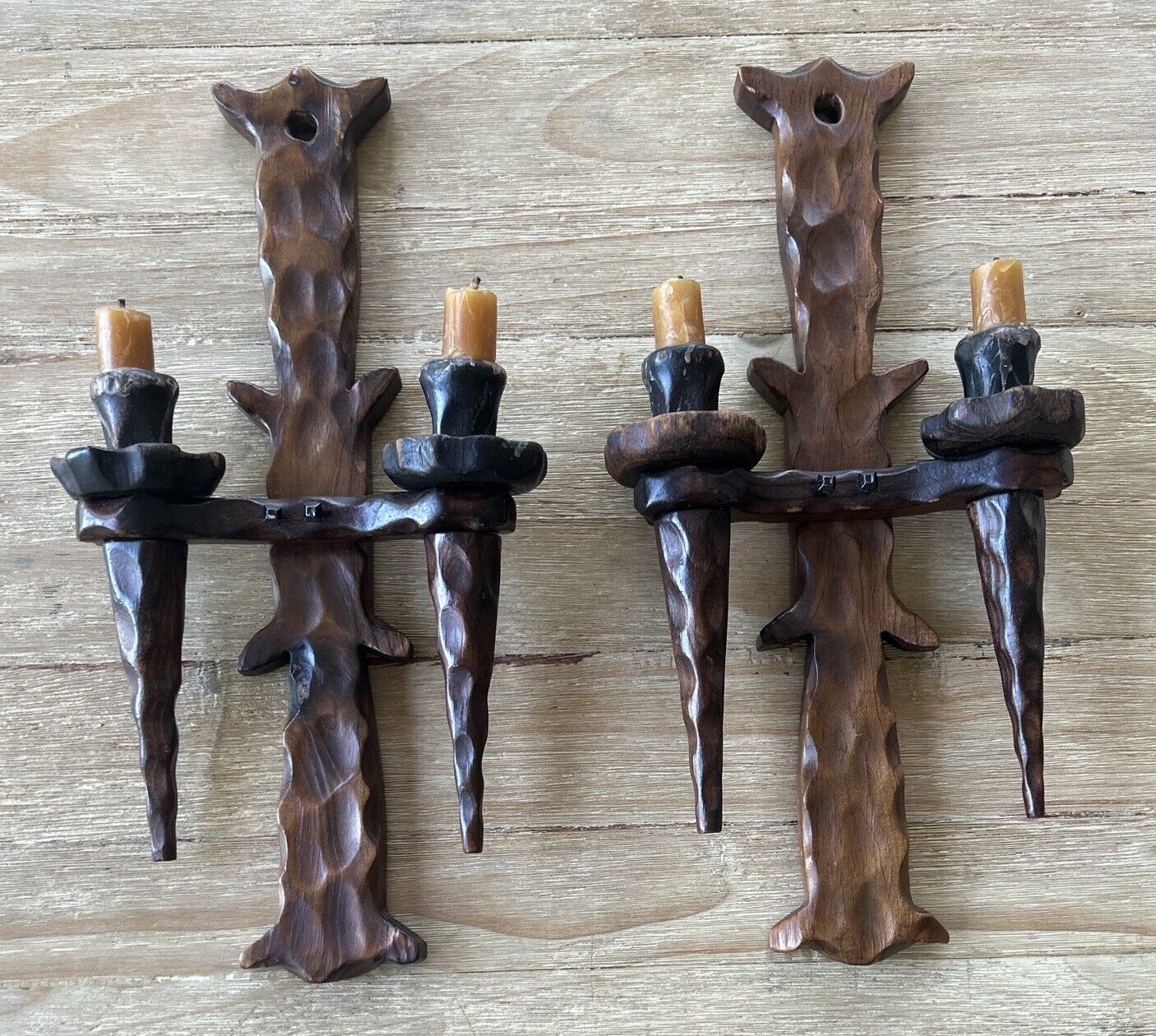 Pair of Gothic Brutalist 60s Wood Wall Sconces Candle Holders Made in Spain