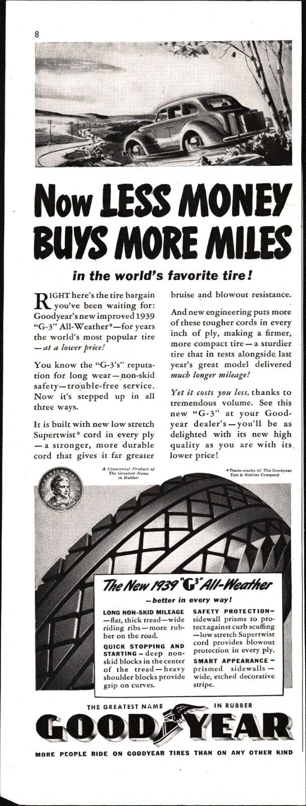 Goodyear G-3 All-Weather Tires Car 1939 Vintage Print Ad Original Man Cave Decor