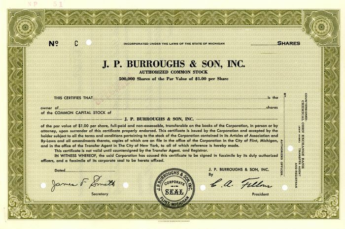 J. P. Burroughs and Son, Inc. - Specimen Stock Certificate - Specimen Stocks & B