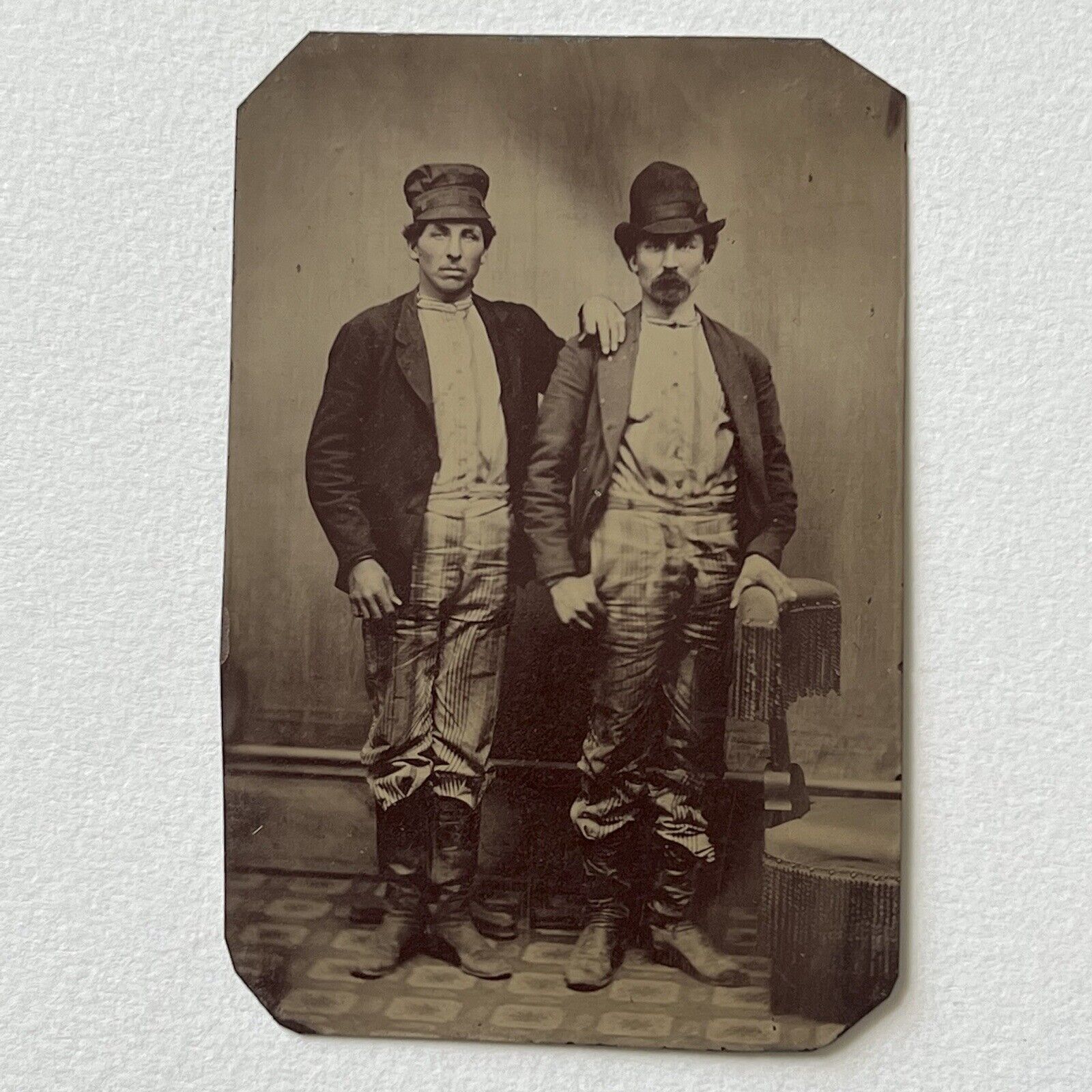Antique Tintype Photograph Affectionate Handsome Working Class Men Great Attire