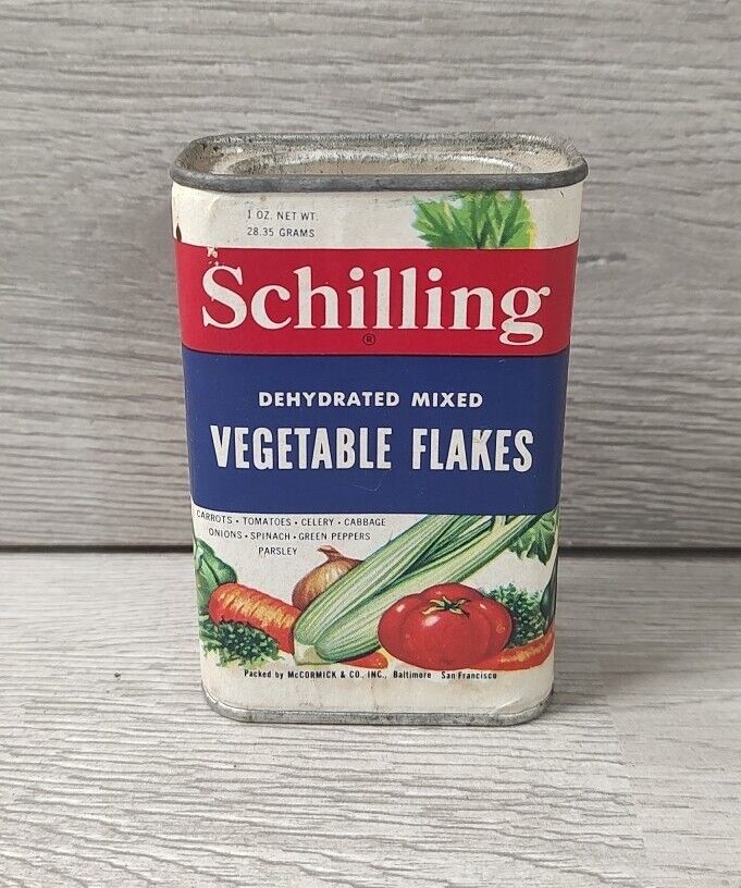 Vintage Schilling Dehydrated Vegetable Flakes Spice Tin Metal Great Graphics