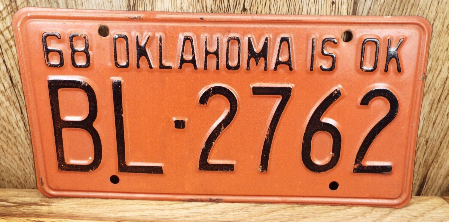 1968 Vintage License Plate #BL-2762 Oklahoma IS OK Tag Vintage Garage-Man Cave