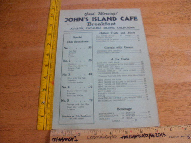 John's Island Cafe Avalon Santa Catalina CA restaurant menu VINTAGE 1940s
