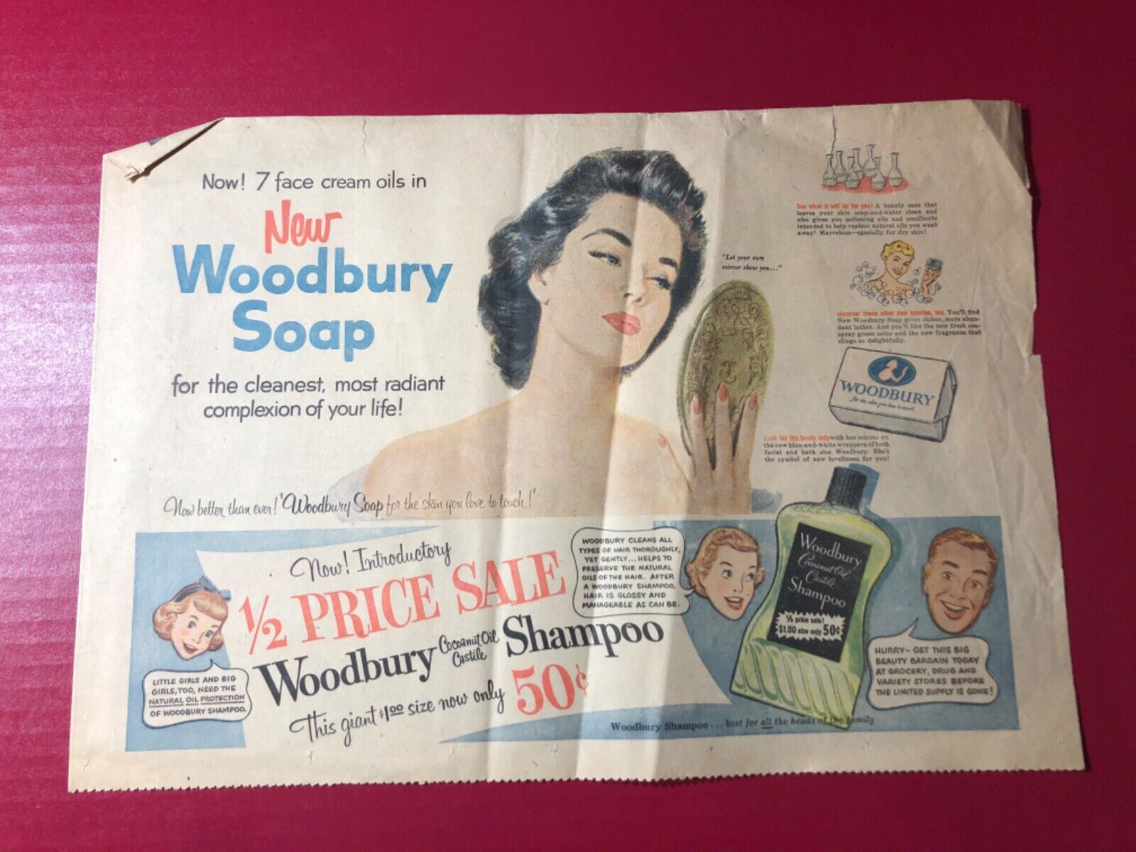 1950’s NEW Woodbury Soap Coconut Oil Castile Shampoo print ad 15x10.5”