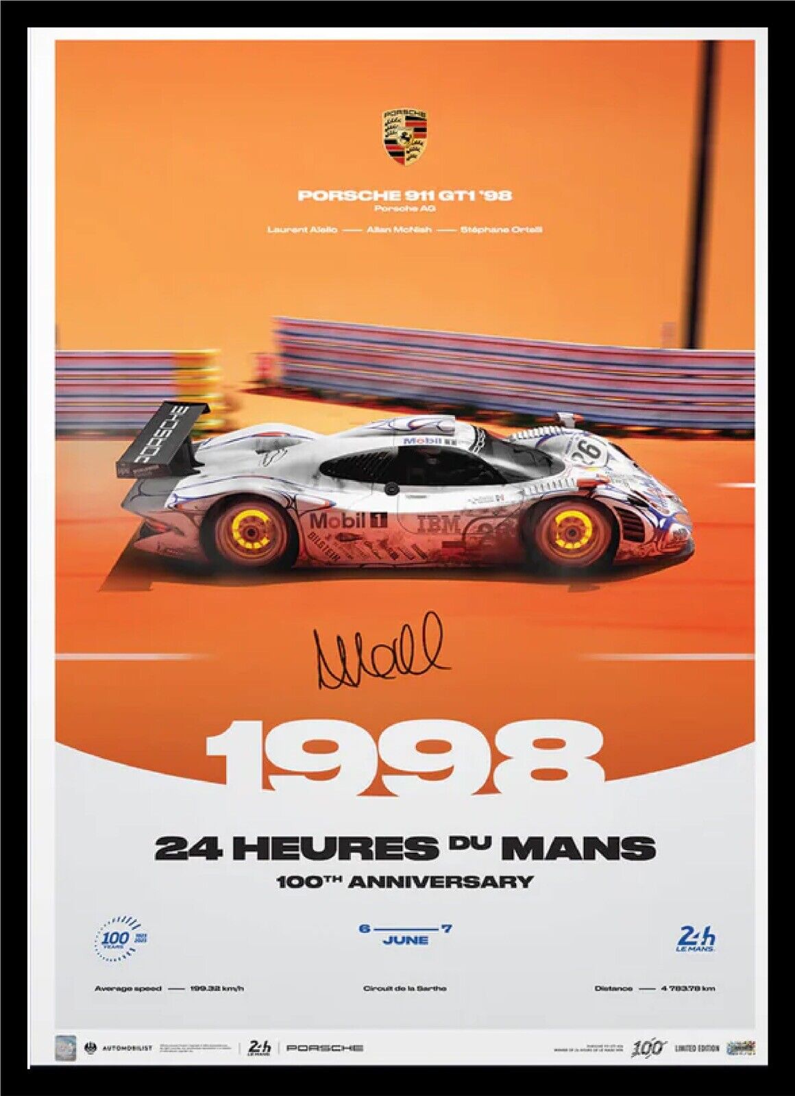 Allan McNish Signed 1998 PORSCHE 911 GT1 24 Hours Le Mans Poster